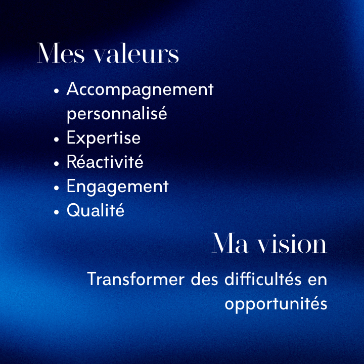 Texte sur fond bleu présentant des valeurs et une vision de transformation des difficultés.